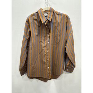 LMND Lemonade Chiara Button Up Shirt Womens Lg Blue Orange Striped Cotton Casual